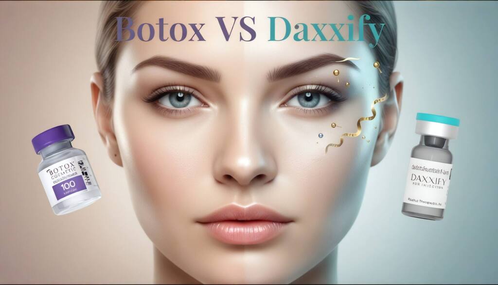 Botox vs. Daxxify comparison showing facial smoothing effects and neuromodulator vials, created for Pure Wellness Med Spa in Ocala, Florida.