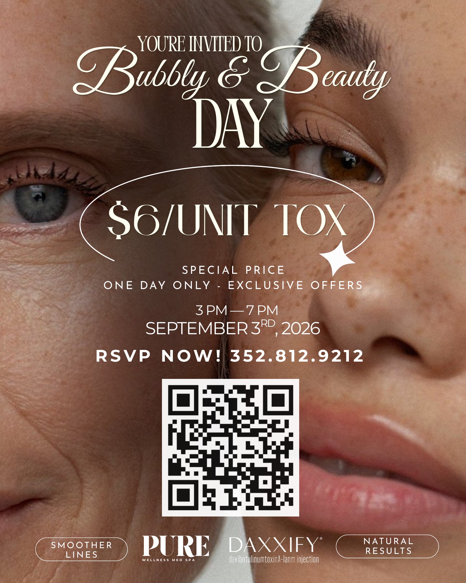 Bubbly and Beauty Day at Pure Wellness Med Spa, September 3, 2026, from 3 to 7 PM, with DAXXIFY at $6 per unit